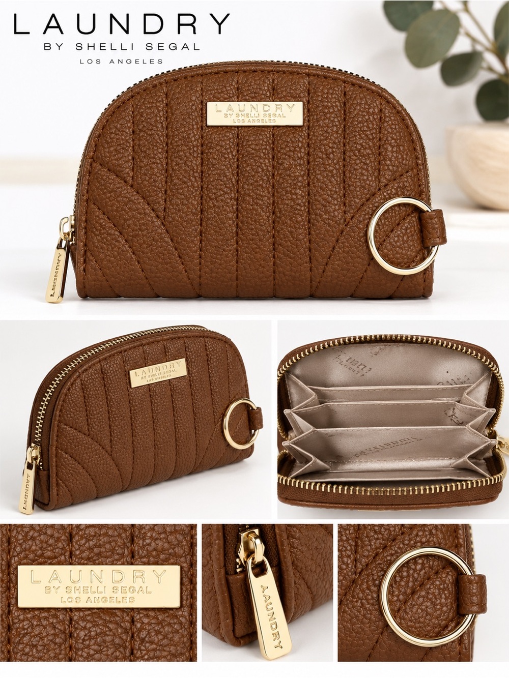NWT Laundry by Shelli Segal Brown Quilted Faux Leather Coin Pouch with Key Ring